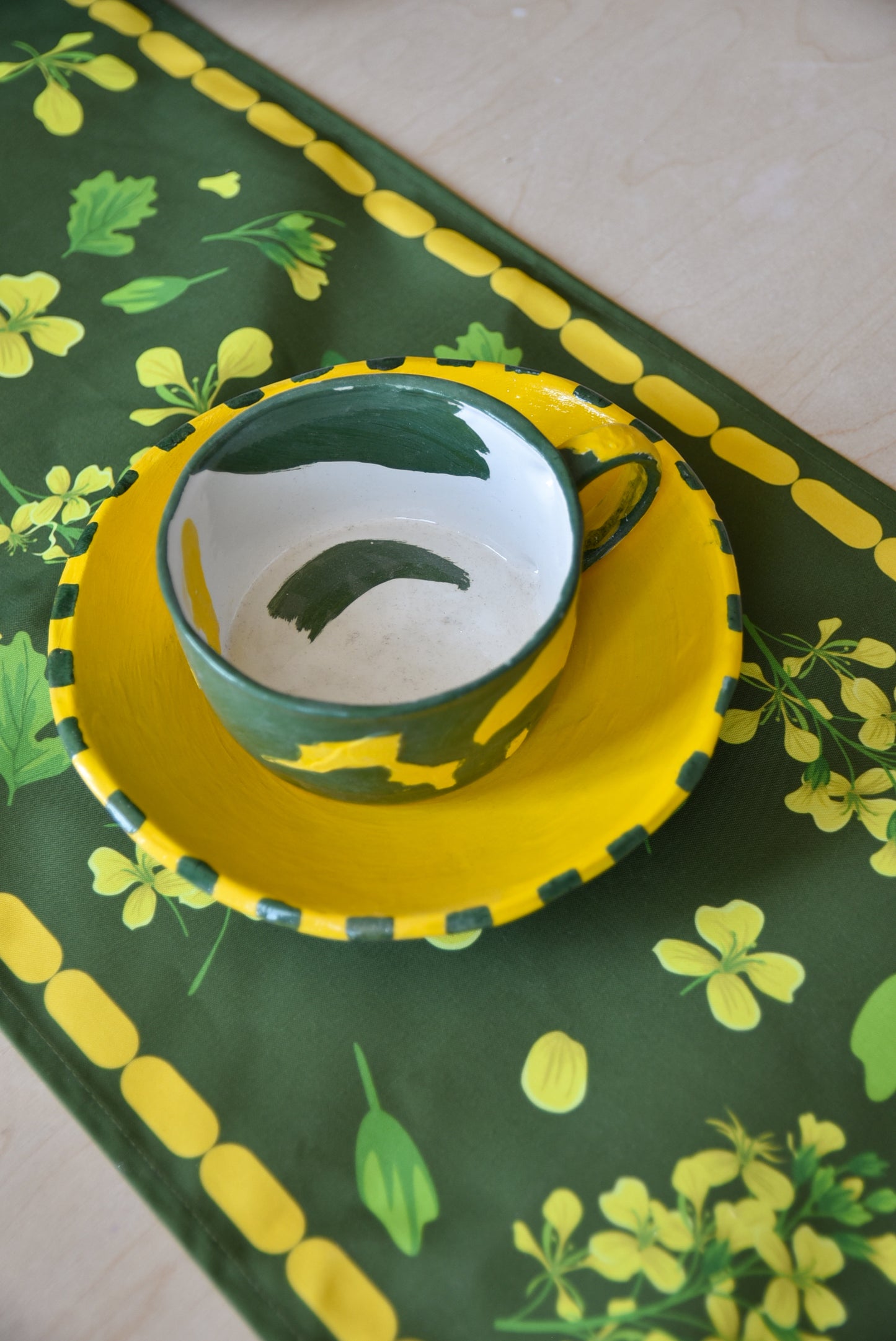 Abkhazian Mimosa table runner by Kirke – elegant home decor with traditional Georgian mimosa flower design on soft fabric