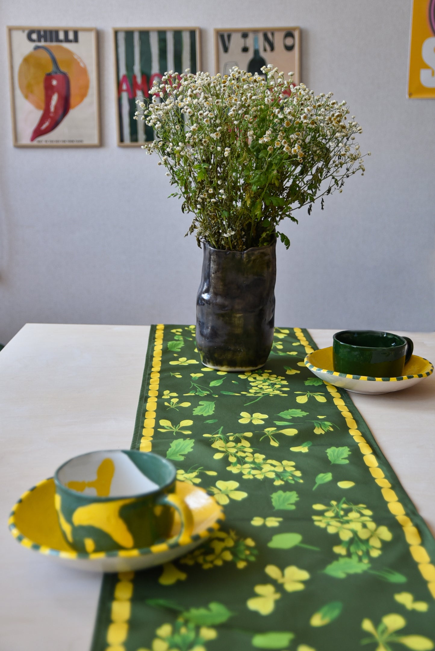 Abkhazian Mimosa table runner by Kirke – elegant home decor with traditional Georgian mimosa flower design on soft fabric