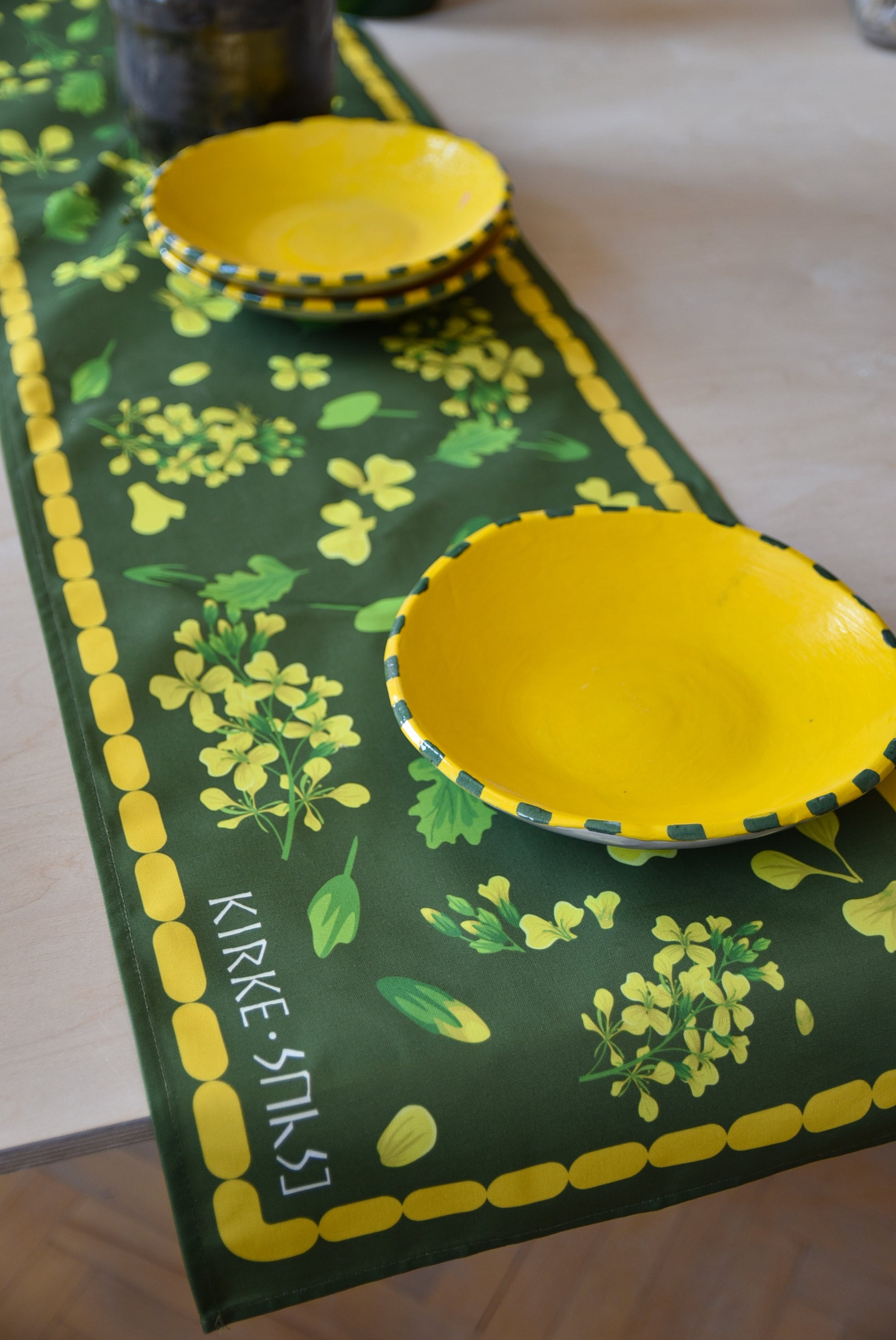 Abkhazian Mimosa table runner by Kirke – elegant home decor with traditional Georgian mimosa flower design on soft fabric