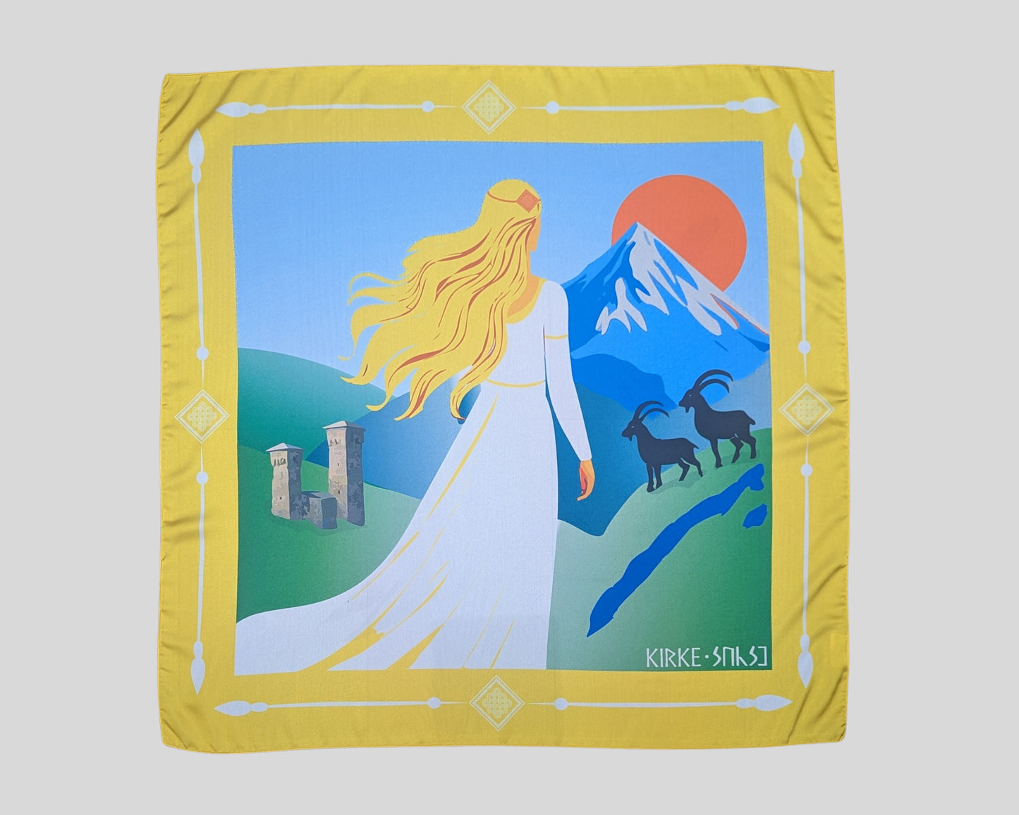 „დალი ქალღმერთი სვანური ორნამენტით აბრეშუმის შარფზე“